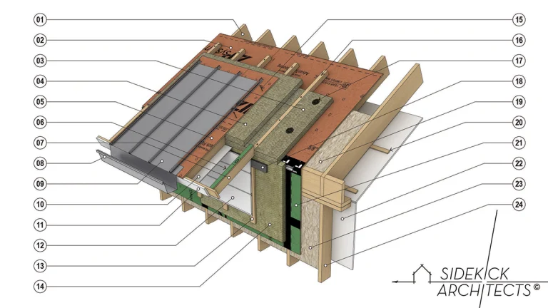 3D High-Performance, Fire-Resistant Roof and Wall Assembly Diagram
