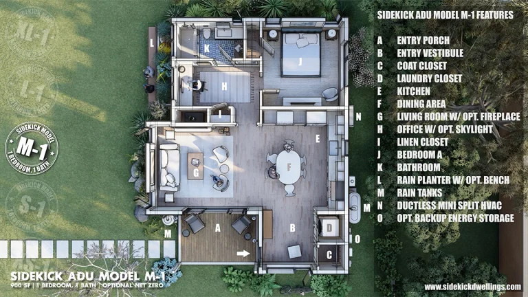 3D Floor Plan of Sidekick Model M-1 Semi-Custom ADU